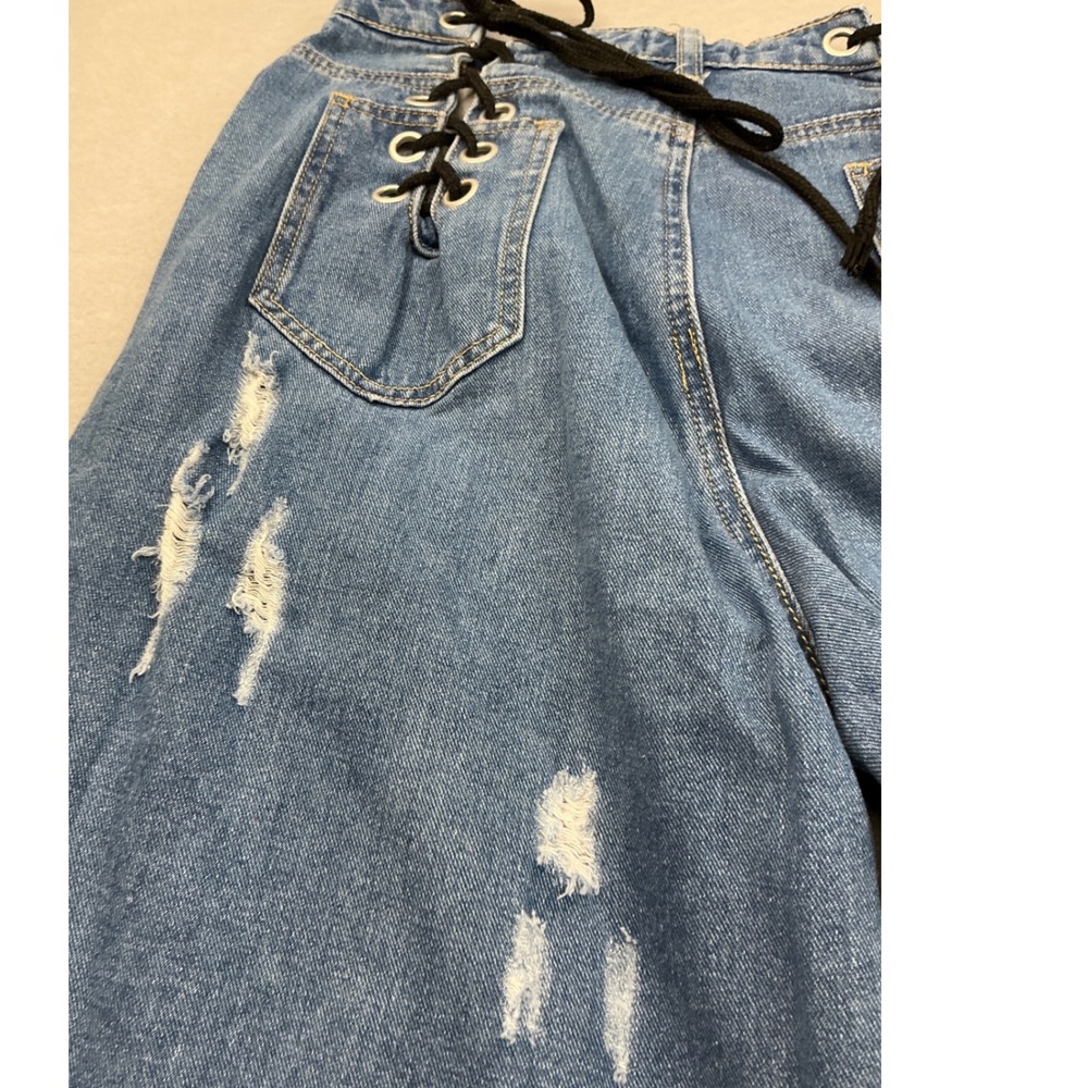 Y2K Wide Leg Jeans Lace Up Back Distressed Denim Blue Streetwear Size 8